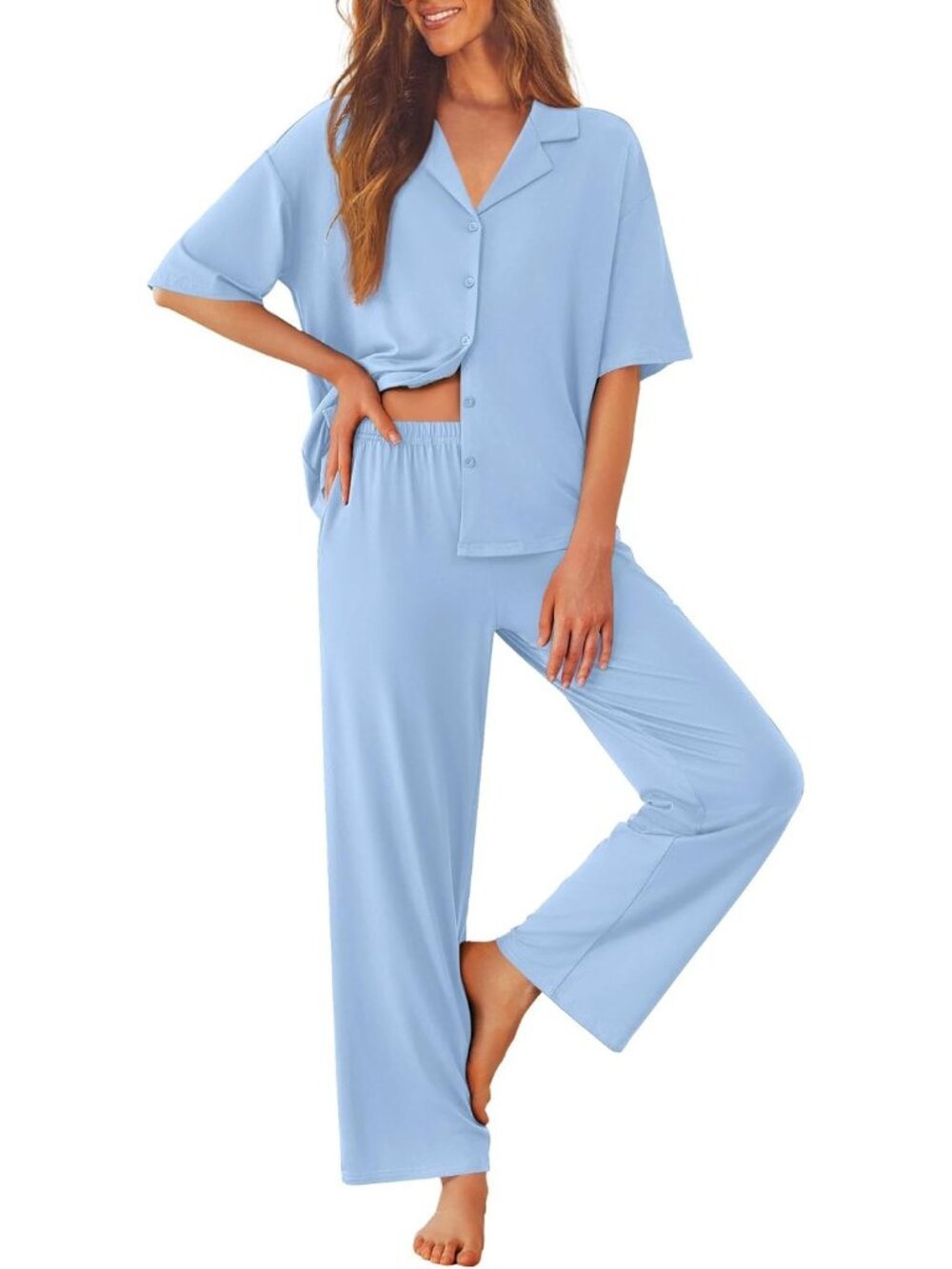 Women Light Blue Notch lapel Short Sleeve Shirt Sleepwear with Long Pajamas Set